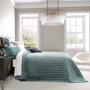 Aqua Green Blue Soft Quilted Squares Velvet Bedding Quilt Sham Set Twin Size Bed